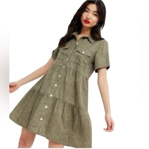 QED London Button Down Baby Doll Prairie Tiered Collared Tee Shirt Dress XXS